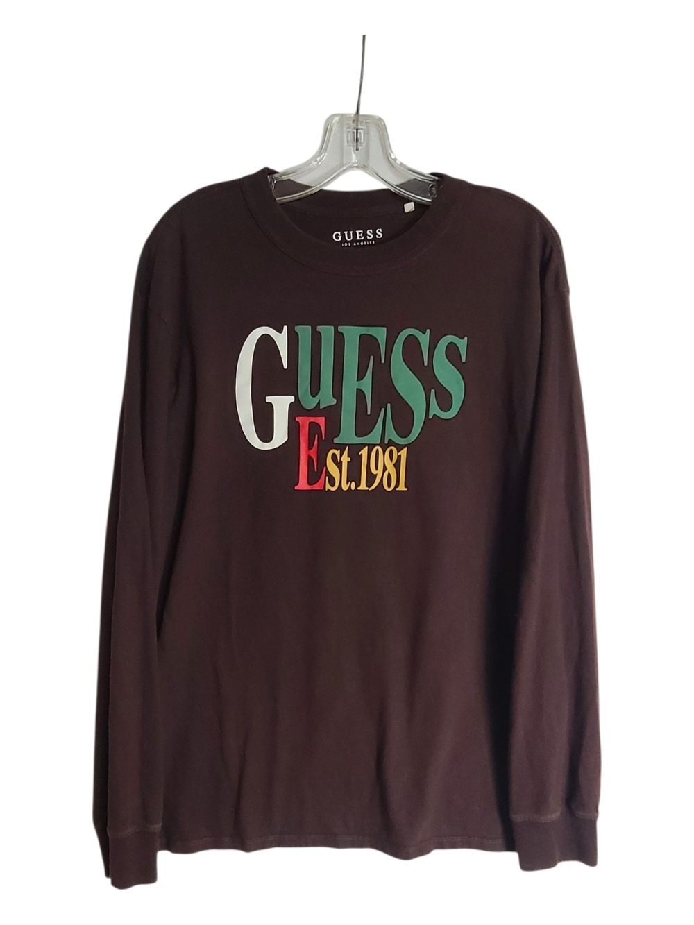 GUESS Originals Est 1981 Long Sleeve Tee Brown Cotton Multi Logo L